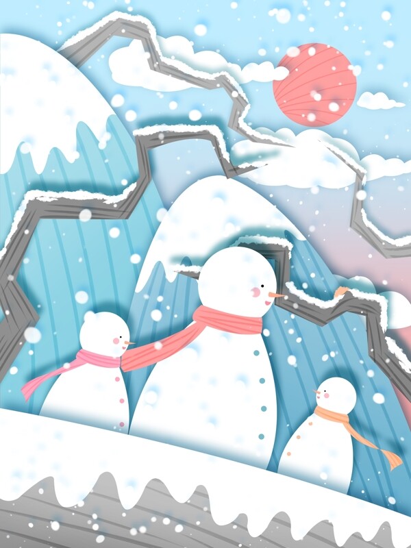 大雪剪纸风插画雪中的雪人