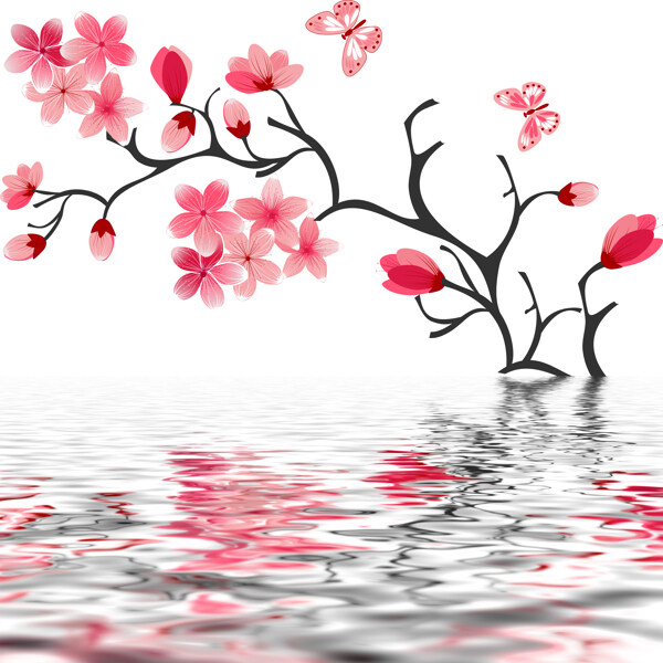粉色花卉水中倒影
