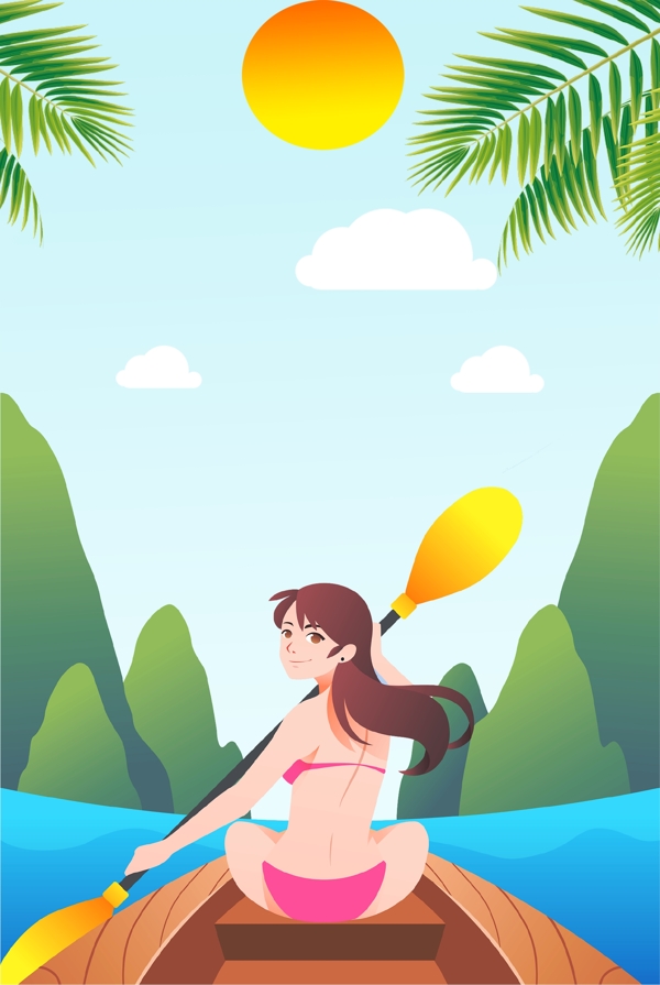 夏季旅行划船女孩清新手绘广告背景