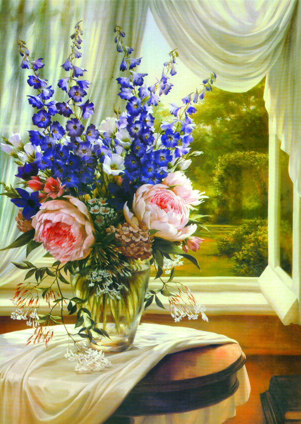 窗户前的花瓶油画图片