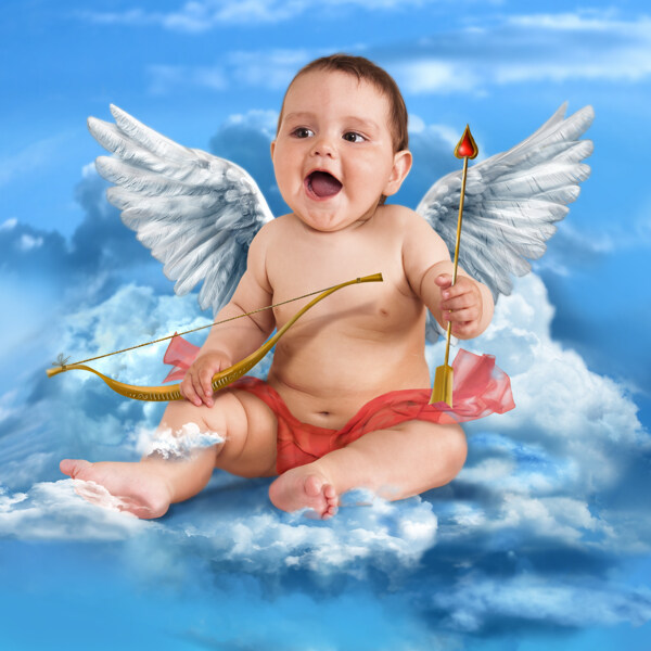 坐在云彩中拿着弓箭的天使婴儿宝宝图片