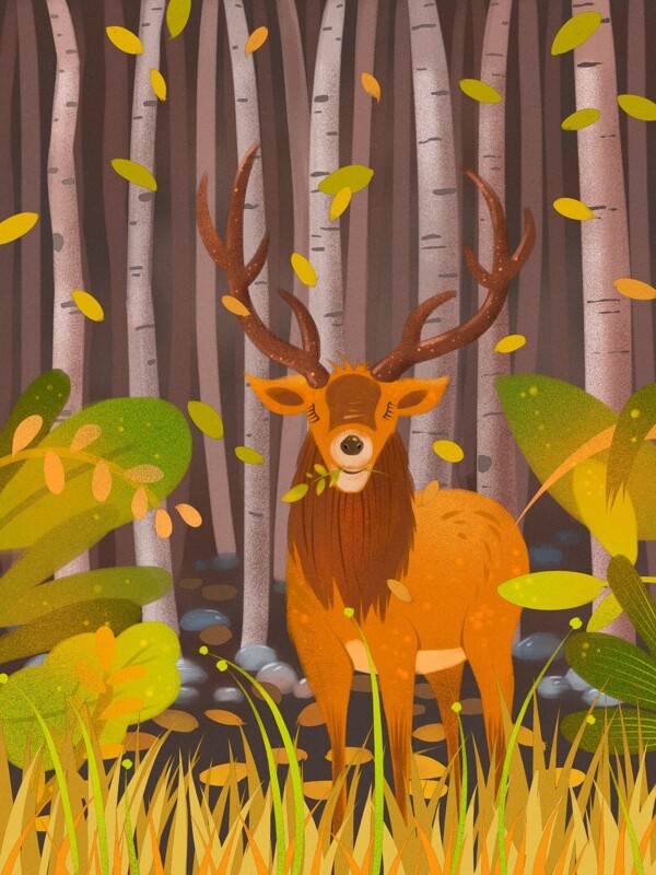 林深时见鹿白桦林里的巨鹿肌理插画