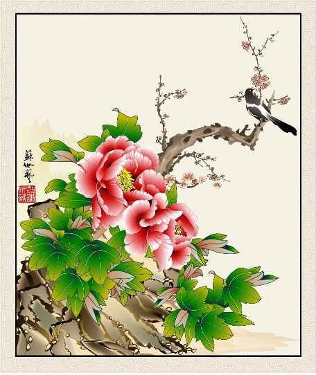 工筆花鳥花紋矢量圖