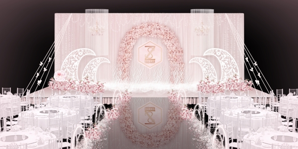 粉色线帘鲜花拱门婚礼主舞台效果图