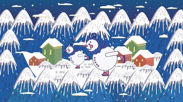 12月你好在雪下滑雪插画