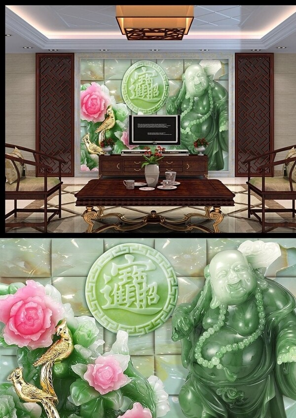 招財(cái)進(jìn)寶笑佛玉雕背景墻