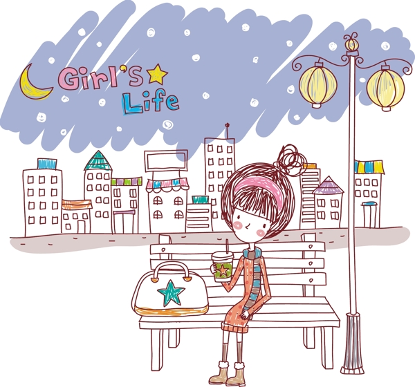 時(shí)尚女孩等車(chē)矢量圖