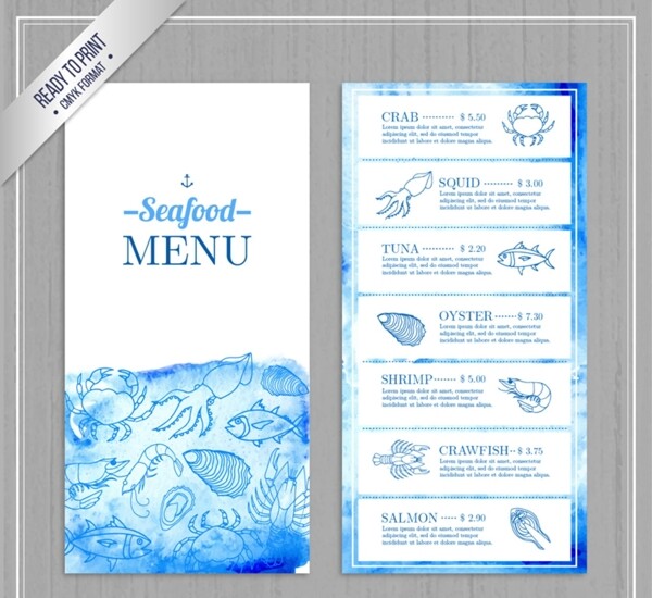 彩绘蓝色海鲜店菜单设计