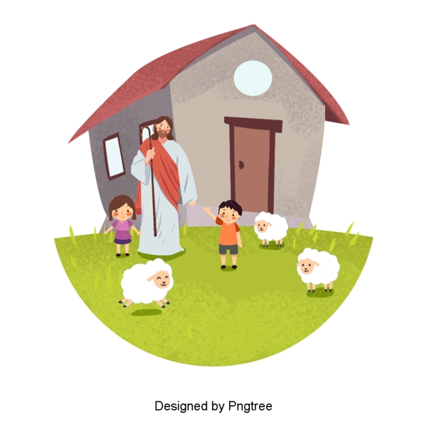 可爱的手绘耶稣和两个孩子养羊为生