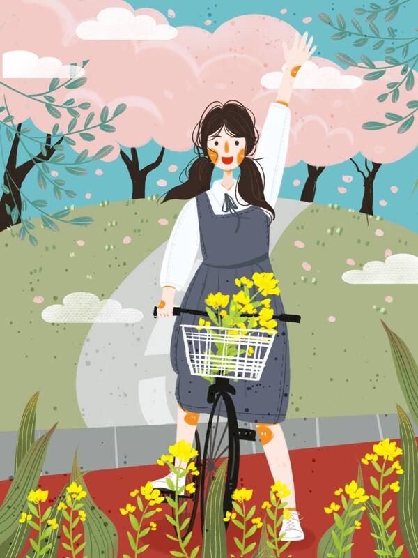 五月你好騎自行車的女孩小清新插畫
