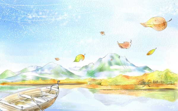 韩风手绘水彩插画泛舟湖上休闲