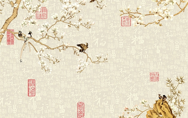 中式玉兰花鸟福字背景墙