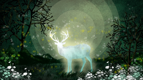 麋鹿驯鹿森林晚安精灵治愈插画
