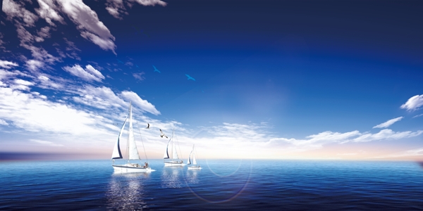 蓝天白云航行帆船地平线背景