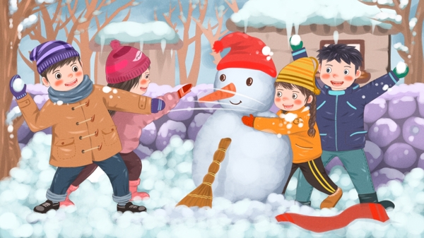 堆雪人打雪仗下雪后孩子一起打雪仗儿童插画
