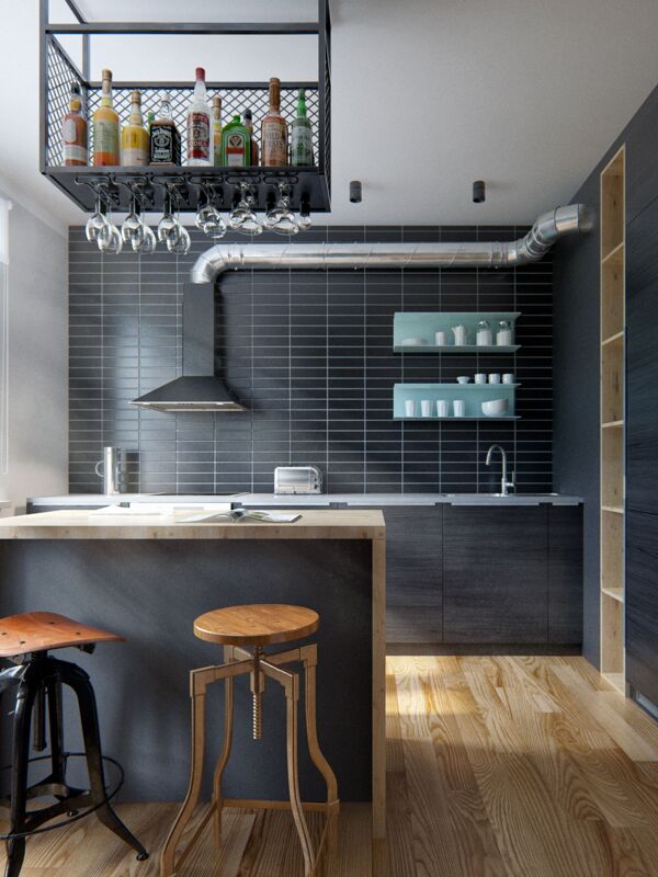 经典大气美式厨房黑色砖墙装修效果图