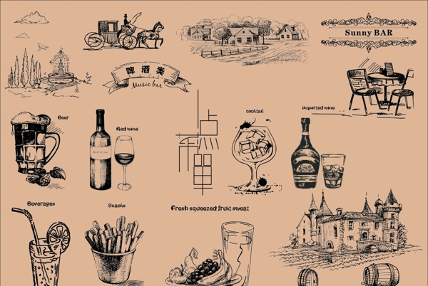酒水菜单素材线条画素描画