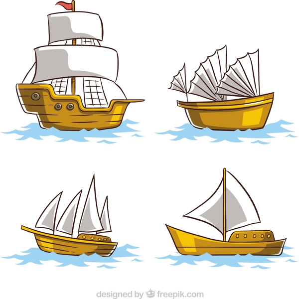 四种不同的手绘木帆船矢量设计素材