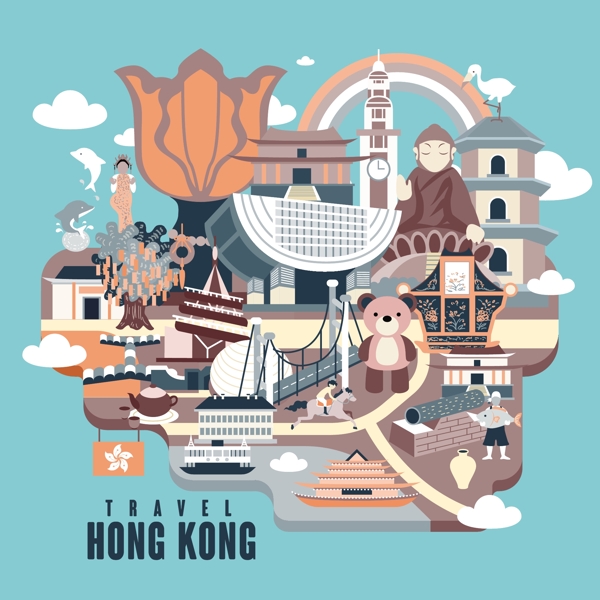 香港风景系列矢量扁平素材