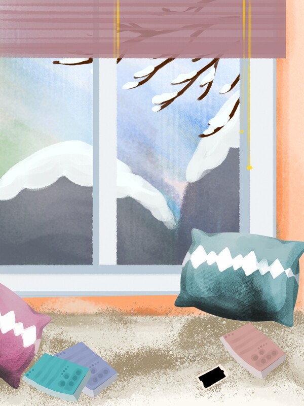 彩绘冬季家居抱枕书本背景设计