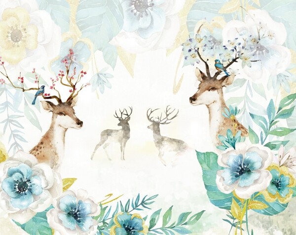 现代简约小清新北欧手绘水彩麋鹿图片