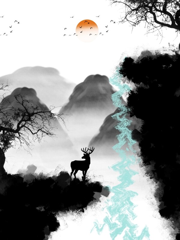 新中式抽象水墨悬崖麋鹿枯枝装饰画