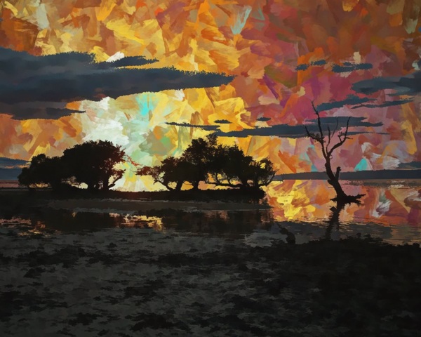 黄昏湖畔树木剪影抽象绘画