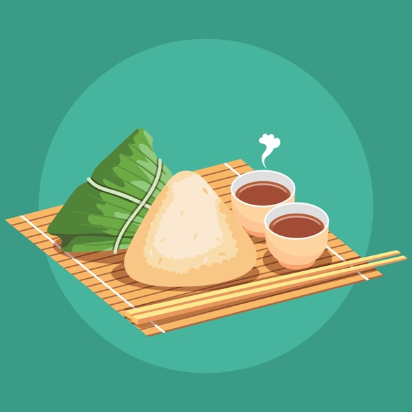 卡通端午節(jié)茶與粽子插圖