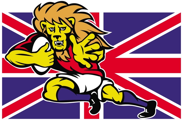 卡通的英国狮子橄榄球抵御GB旗