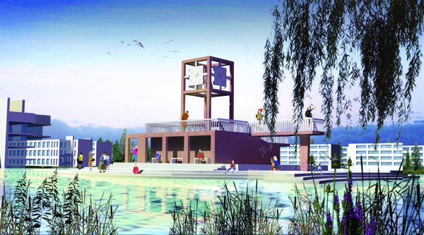 山东交通学院长清新校区环湖区景观设计现状烟囱改造钟塔效果图二