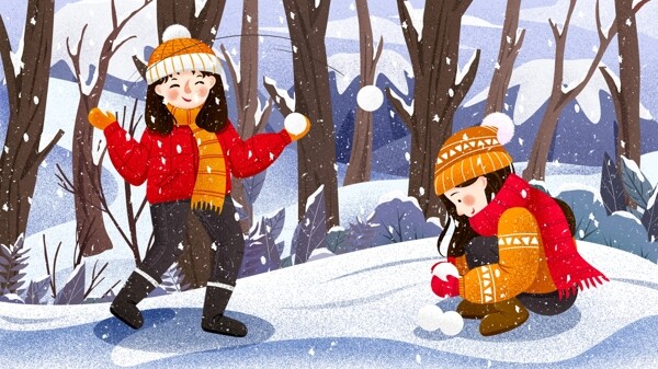 唯美冬季雪地女孩打雪仗肌理插画