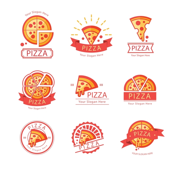 色彩斑斓的披萨标志集合
