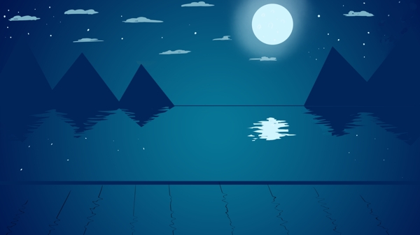 夜晚蓝色山水月亮水中的倒影卡通背景