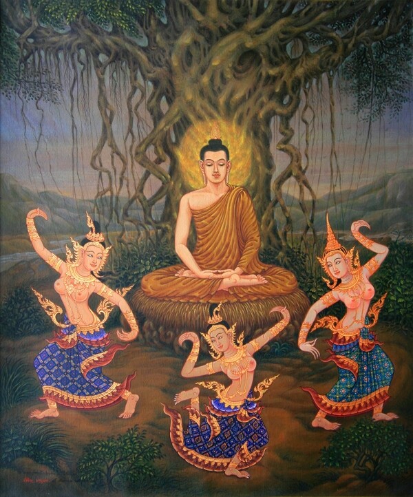高清泰国宗教艺术画无花果树下的佛祖图片