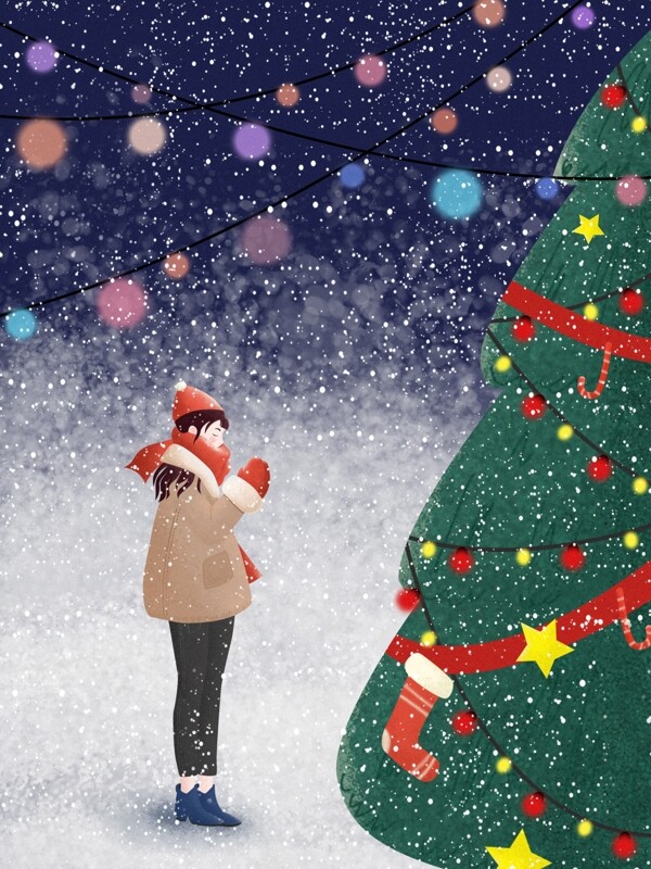 手绘冬季圣诞节女孩背景