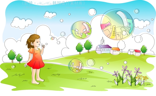 兒童線條插畫小孩游玩卡通童話韓國花紋時(shí)尚花紋底紋矢量素材矢量圖片HanMaker韓國設(shè)計(jì)素材庫