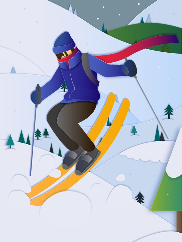 滑雪人物场景下雪冬季剪纸