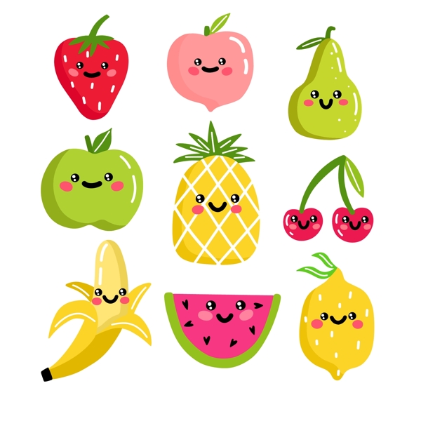 手绘水果矢量草莓苹果香蕉可爱菠萝西瓜
