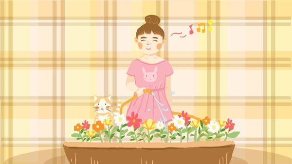 格子布背景后花园浇花猫咪女孩和小花的夏天