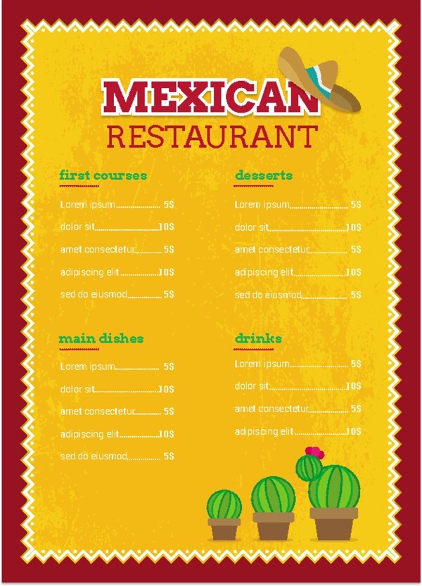 黄色墨西哥菜单模板与仙人掌