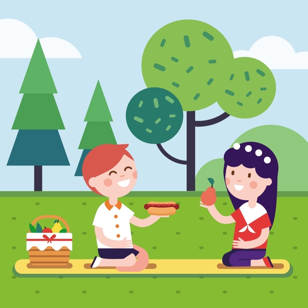两个孩子在公园草地野餐