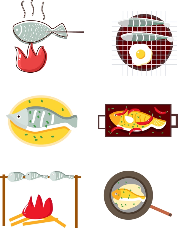 矢量卡通简约食物美食烧烤烤鱼