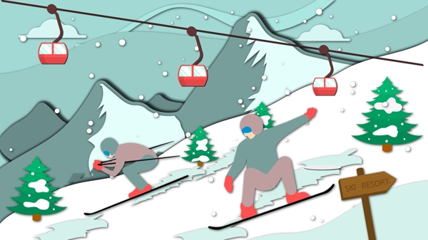 滑雪卡通矢量剪纸插画