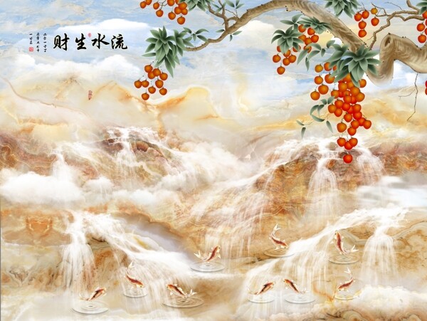 新中式大理石紋花鳥(niǎo)魚(yú)背景墻