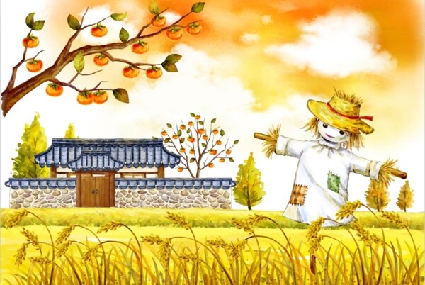 秋冬稻草人田園風(fēng)景手繪插畫圖片