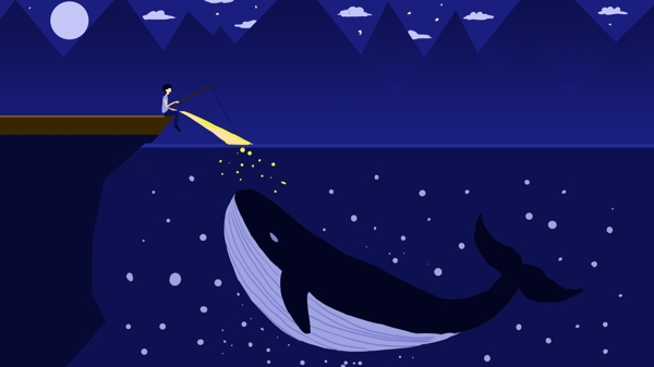 夜晚钓鱼的人遇见鲸鱼治愈插画海报配图