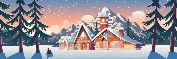 冬季山景带房屋或小木屋插图