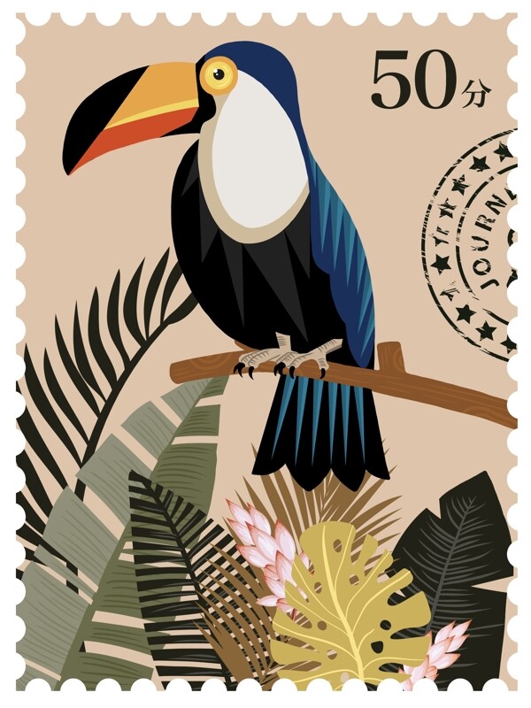 复古邮票自然印记热带动物植物插画