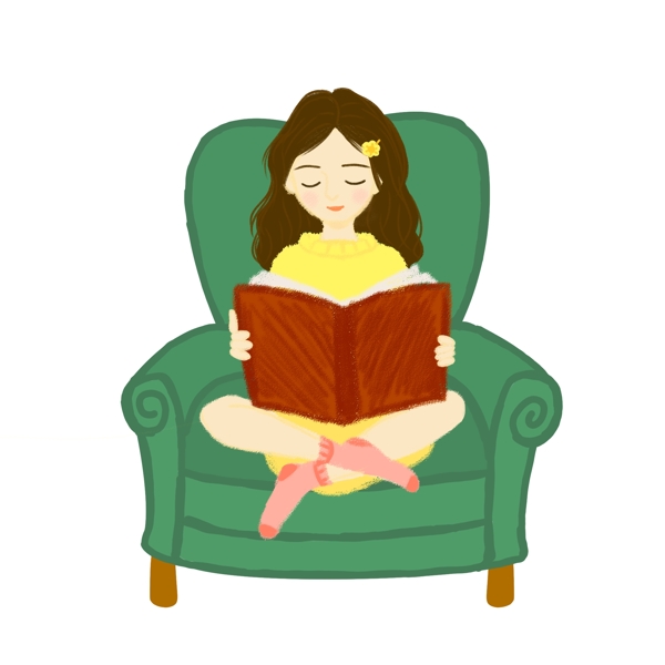 手绘人物坐在沙发上看书的女生可商用元素
