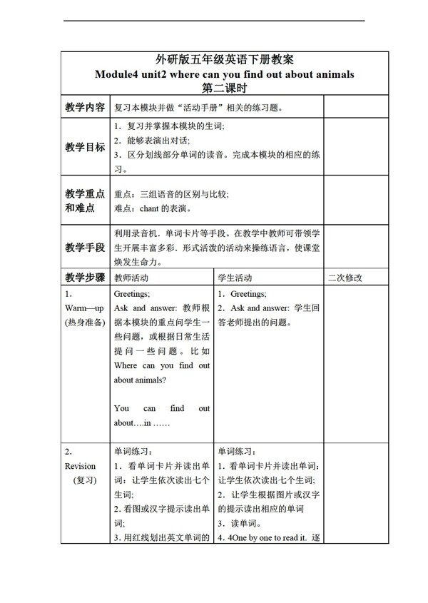 五年級(jí)下英語(yǔ)下冊(cè)教案module4unit2